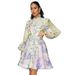 Floral Print Lantern Sleeve Dress With Belt – Boho Chic Button-Up Mini Dress (Light Pink/Blue/Yellow, S-XXL)_ecoleips.com