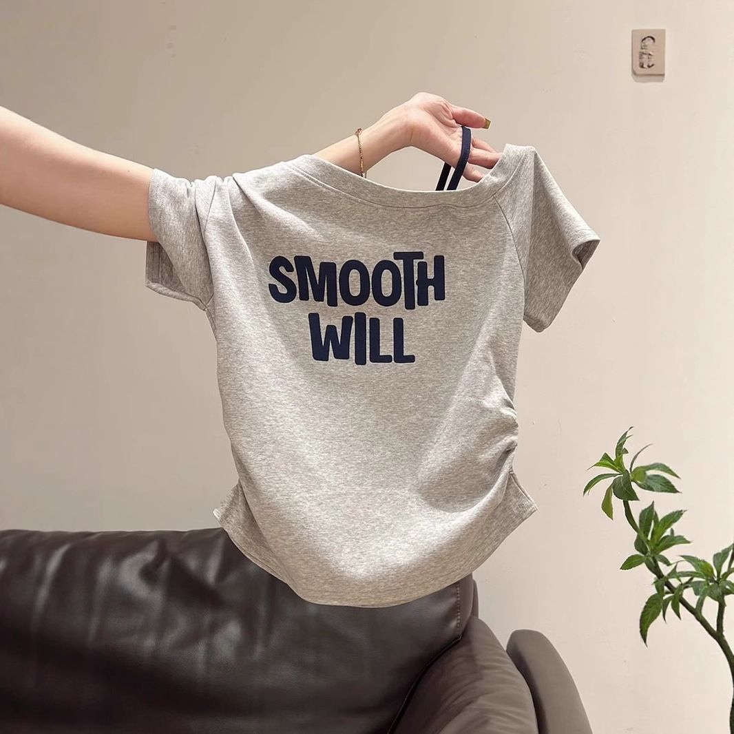 Grey Letter Slanted Shoulder Print Waist Pleated Short-sleeved T-shirt Women's Summer New Off-the-shoulder Design Top_ecoleips.com