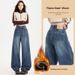 Denim Blue Curved Wide-leg Jeans For Women, 2025 Autumn/winter, Fleece-lined, Stylish, Loose-fitting, Slimming,_ecoleips.com