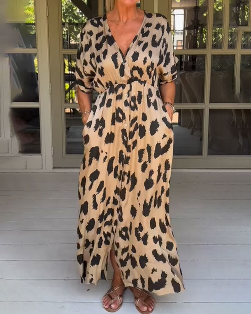 Goumei Autumn/Winter Print Casual Split Dress With Leopard Print Design For Women_ecoleips.com