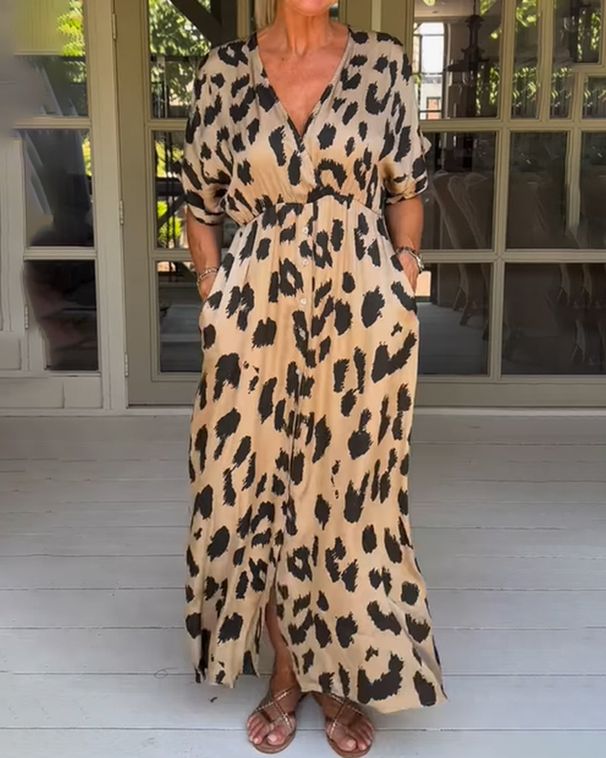 Goumei Autumn/Winter Print Casual Split Dress With Leopard Print Design For Women_ecoleips.com
