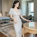 Women's French Style Mesh Lace Dress Puff Sleeve Waist Cinching Evening Gown Ethereal Design Summer New_ecoleips.com