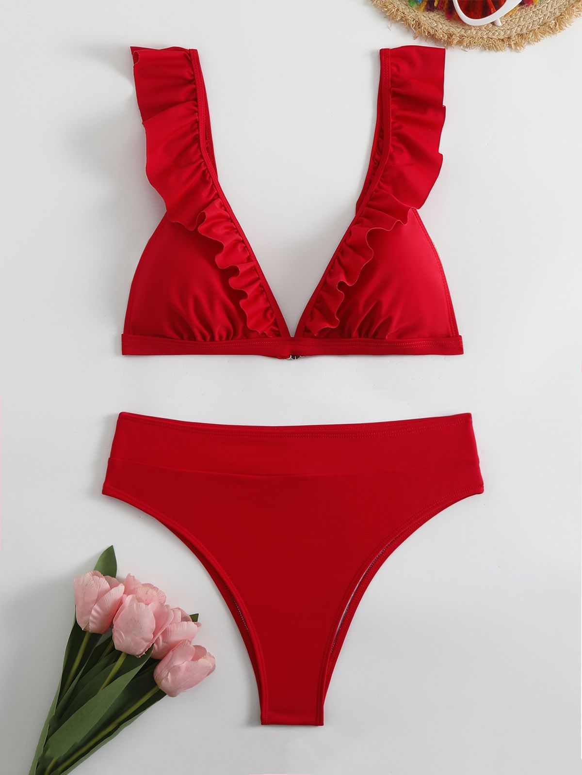 New European And American Split Solid Color BIKINI Swimsuit Women's Sexy Pleated Multi Color Swimming Suit_ecoleips.com