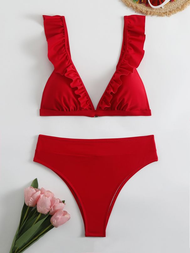 New European And American Split Solid Color BIKINI Swimsuit Women's Sexy Pleated Multi Color Swimming Suit_ecoleips.com