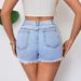 Women's Pearl-Embellished Denim Shorts – Classic Mid-Rise Straight Cut For Casual & Office Wear (Medium Blue/Light Blue, S-XL)_ecoleips.com