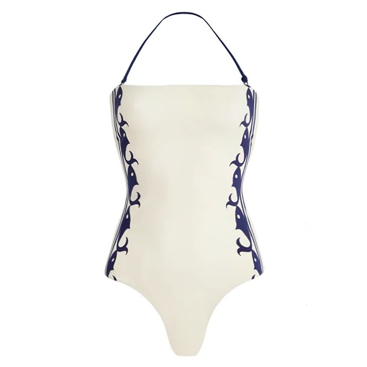Navy High Waist Bikini Set - Hanging Neck & Split Design - Women's Swimwear_ecoleips.com