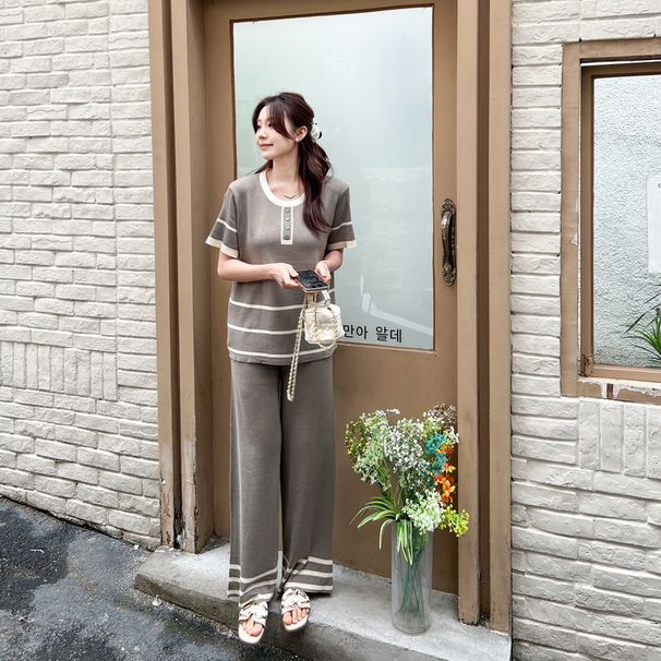 Women's Spring Summer Two Piece Set round Neck Color Block Knit Top Casual Trousers Fashionable Knitwear_ecoleips.com
