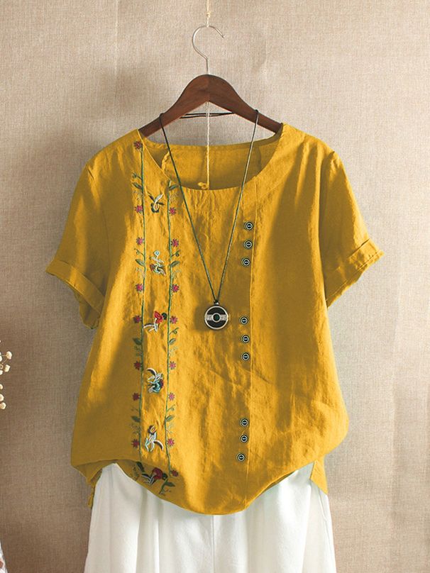 2025 Summer New T Shirt Women's Ins Trendy Korean Style Fashion Embroidery Cotton And Linen Short Sleeve Tops Women's Shirt_ecoleips.com