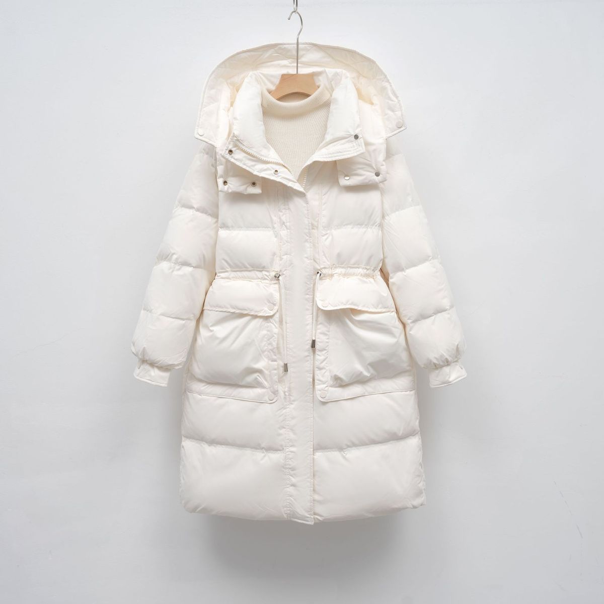 Women's Mid-length Korean-style Loose White Duck Down Fashionable Winter Jacket With Waist And Hood For Warmth_ecoleips.com