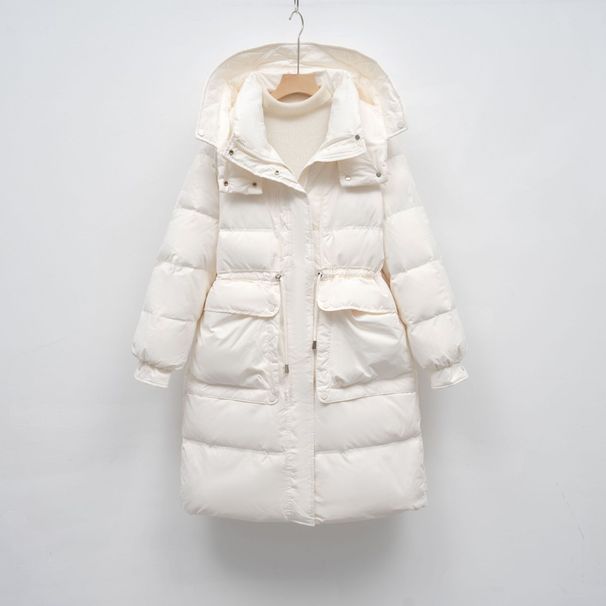 Women's Mid-length Korean-style Loose White Duck Down Fashionable Winter Jacket With Waist And Hood For Warmth_ecoleips.com