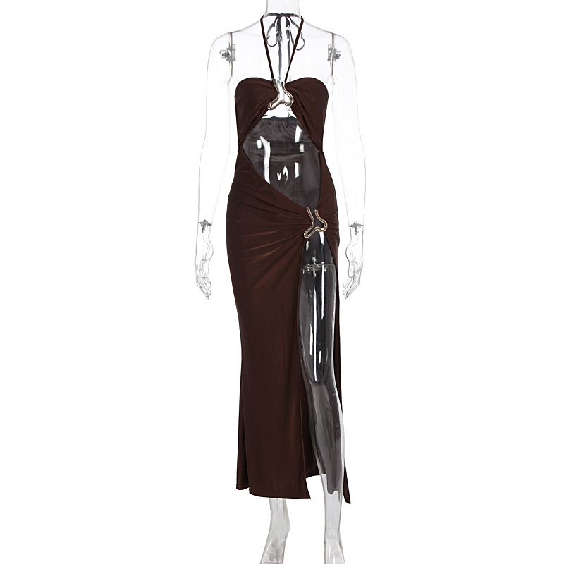 Summer New Arrival Sexy Slim Fit Dress Cutout Lace Up Metal Detail Slit Bodycon Dress_ecoleips.com