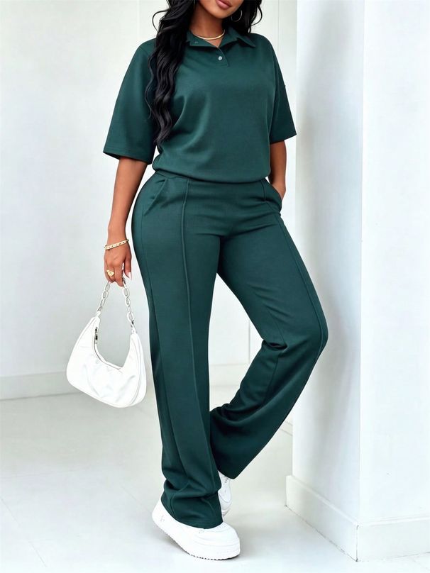 Women's Clothing Solid Color Spring Summer Polo Collar Top And High-Waisted Straight Leg Pants Two Piece Set_ecoleips.com