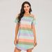 Spring And Summer Short Sleeve Rainbow Stripe Loose T-Shirt Pajamas Dress Large Size Spot_ecoleips.com
