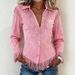 Voya Women's Western Denim Style Suede Fringe Slim Fit Temperament Fashionable Long Sleeved Shirt Top_ecoleips.com