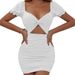 Women's Sexy Pleated Hollow Out Puff Sleeve Bodycon Dress Casual Elegant Fashion American Style Thin Summer Dress_ecoleips.com