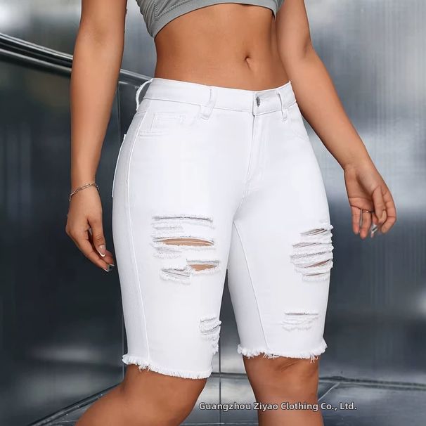 Summer New Arrival White Ripped Frayed Hem Shorts Elastic Slim Fit Versatile Women's Denim Shorts_ecoleips.com