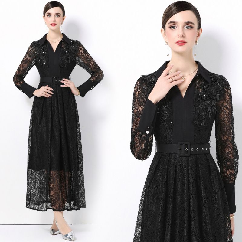 French-Inspired Slim-Fit Long Sleeve Polo Dress With Lace Hem & Belt – Elegant A-Line Maxi Dress For Banquets (Black)_ecoleips.com