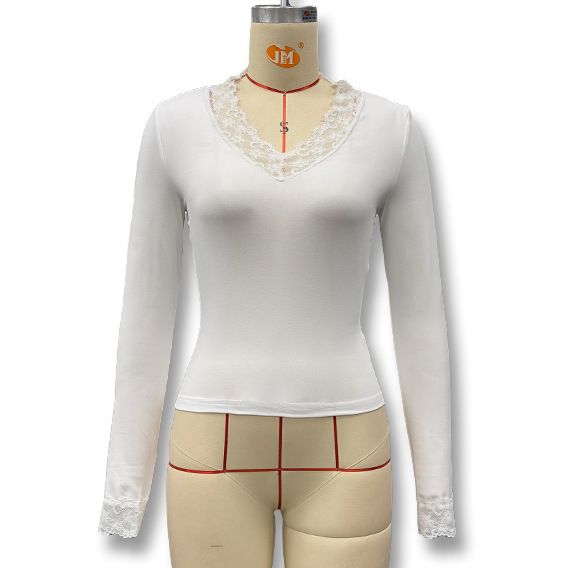 Women's V-Neck Lace Trim Patchwork Waist Cropped Top Long Sleeve Casual Elegant Fashion Tees for Autumn/Winter_ecoleips.com