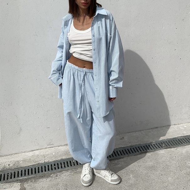 Women's Breathable Striped Shirt Tie-Waist Pants Set 100% Cotton Spring Fall Outfit Pink Blue S M L_ecoleips.com