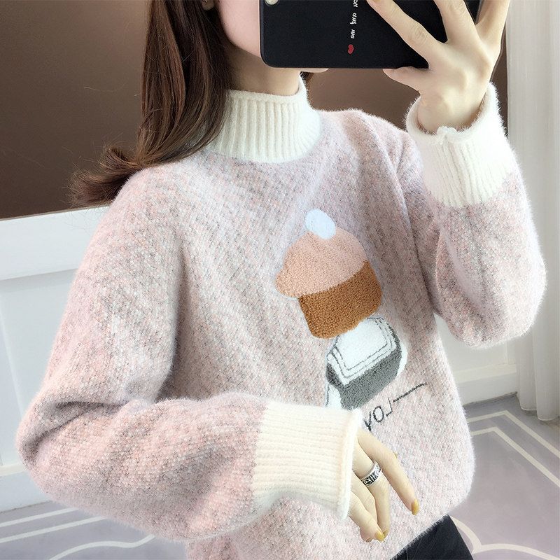 Women's Semi-Turtle Neck Mink Velvet Sweater Loose Knit Top For Autumn Winter Fashion Casual Chic_ecoleips.com