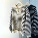 Women's Korean-Style Striped Polo Lapel Long-Sleeved Sweater Autumn And Winter Thin Velvet Padded Loose Casual Half-Zip_ecoleips.com
