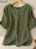 ZANZEA Summer Casual Loose Tunic Tops Women Vintage OL Shirt O Neck Short Sleeve Blouse Solid Cotton Blusas Buttons Down Chemise_ecoleips.com
