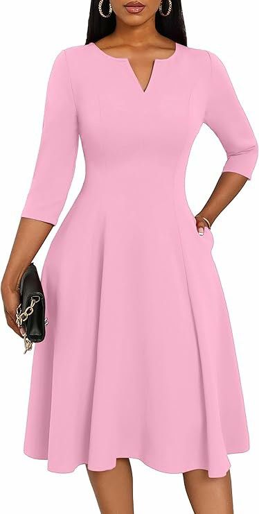 Women's Midi Dress Fitted Flare Three Quarter Sleeve Wedding Guest Dress_ecoleips.com