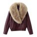 Women's Clothing Fashion Faux Leather Jacket With Faux Fur Collar - Loose Fit, Three Colors (Burgundy, Coffee, Black), Short Length, Double Breasted_ecoleips.com