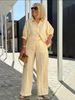 2027 Summer Fashion European-USA Style Women Lapel Single-Breasted 1/2 Sleeve Shirt + Wide Leg Pants Two Piece Pure Color Casual Set S-3XL_ecoleips.com