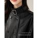Aria Basics Xinge Oil-Wax Black Jacket For Women, Stand Collar, Lace-Up, Soft, Short Casual Jacket, Autumn Women's Leather Coat_ecoleips.com
