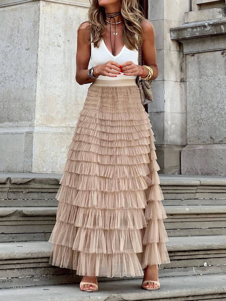 Women's Mesh Panel Tiered A-Line Maxi Skirt – Solid Color High Waist Flowy Layered Tulle Skirt For Spring Summer 2026_ecoleips.com