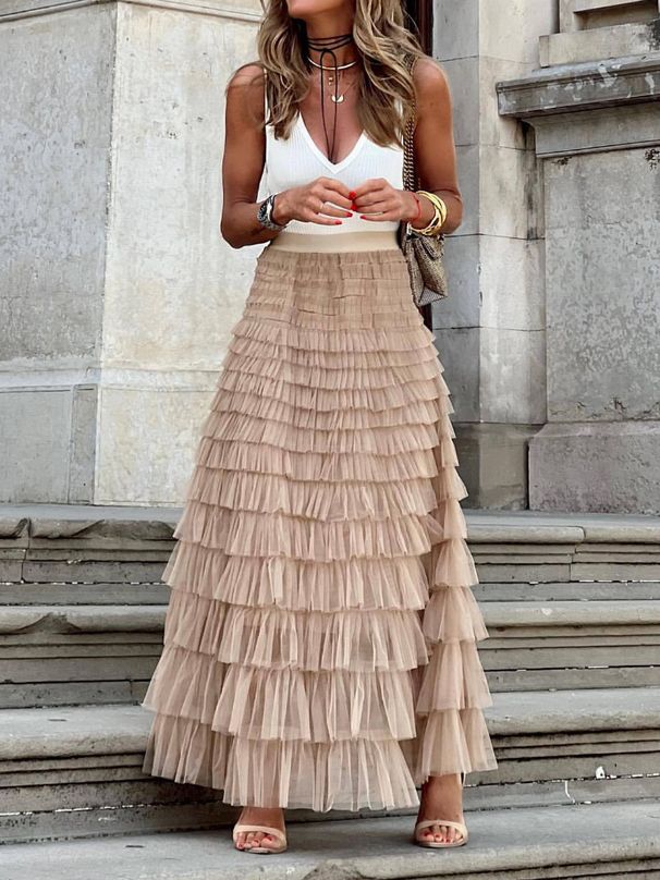 Women's Mesh Panel Tiered A-Line Maxi Skirt – Solid Color High Waist Flowy Layered Tulle Skirt For Spring Summer 2026_ecoleips.com