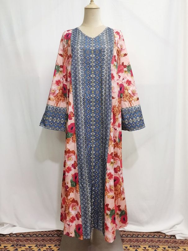 Muslim Abaya Dress With Floral Print - Modest Long Sleeve Loose Fit Maxi Dress For Women (S-XXL)_ecoleips.com