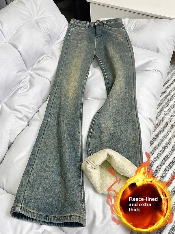 2025 Vintage Women's Jeans Winter Fleece High Waist Slim FitEurope And AmericaStyle Micro Flared Trousers Horseshoe Floor Length_ecoleips.com