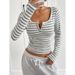 Striped Contrast Button Design Sense Straight Shoulder Long Sleeve T-Shirt Slim Slim Slim Versatile Top For Women_ecoleips.com