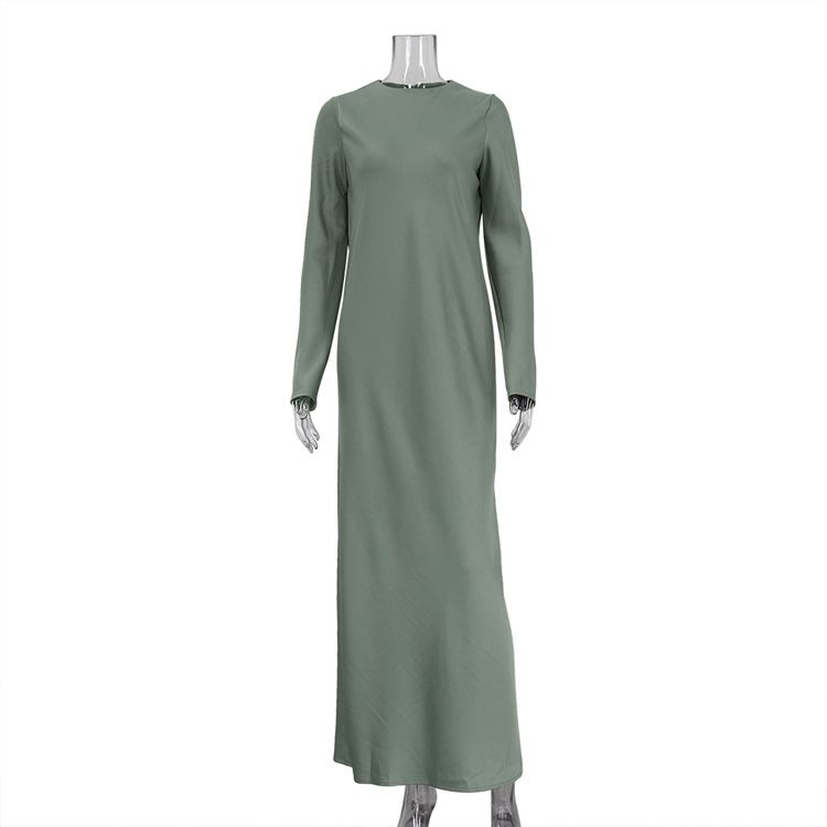 Women's Long Sleeve Base Dress Autumn Winter European American Style Satin Flowing Bodycon Long Skirt Fashionable Slit_ecoleips.com