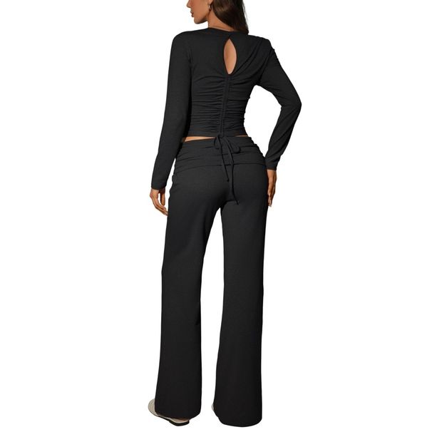 Women's Long Sleeve Crop Top And Pants Set Ribbed Knit Two Piece Outfit Casual Streetwear Relaxed Fit Pants With Drawstring_ecoleips.com