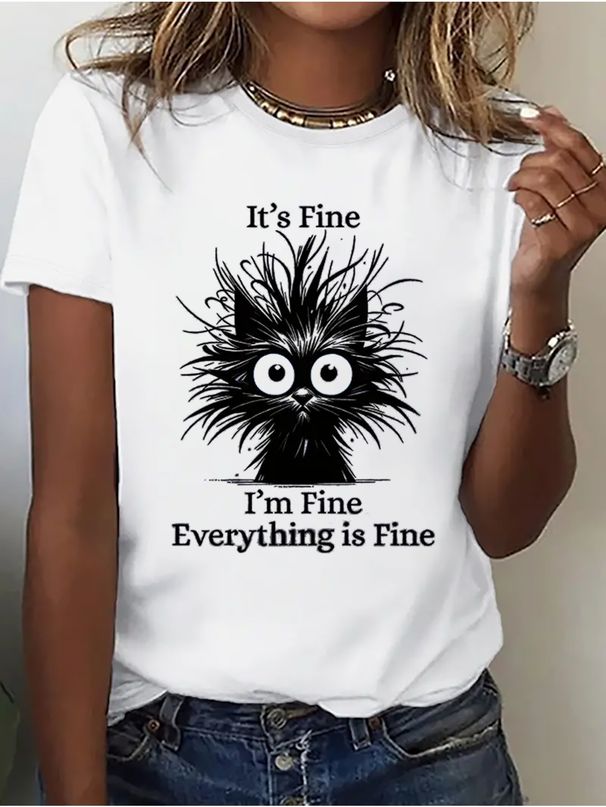 Fantastic "It Doesn'T Matter I'M Fine Everything Is Fine" Ladies' Cat T-Shirt Versatile High-Quality Leisure Sports Women'S Wear_ecoleips.com