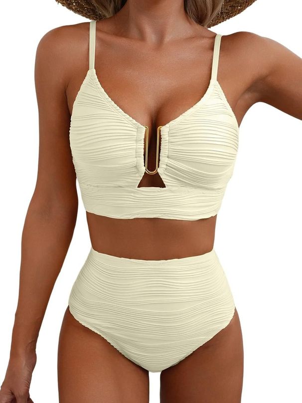 Women's Clothing 2 Piece Swimsuit For Women With Hollow Texture Fabric, Slim Fit, Sexy Ribbed Metal Decoration, Swimsuit Set For Women_ecoleips.com