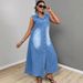 Women's Sleeveless Single-Breasted Denim Dress Casual Lapel Long Maxi Retro French Style Summer New Dress_ecoleips.com