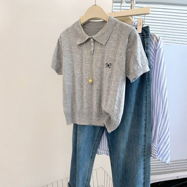 Elegant Women's Knit Short-Sleeve Top in Gray with Lapel Bow Tie Slim Fit Breathable Stylish Fashion for Ladies_ecoleips.com