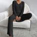 K Women's New Fashion Casual Straight Leg Pants With V-Neck Slit Knit Set_ecoleips.com