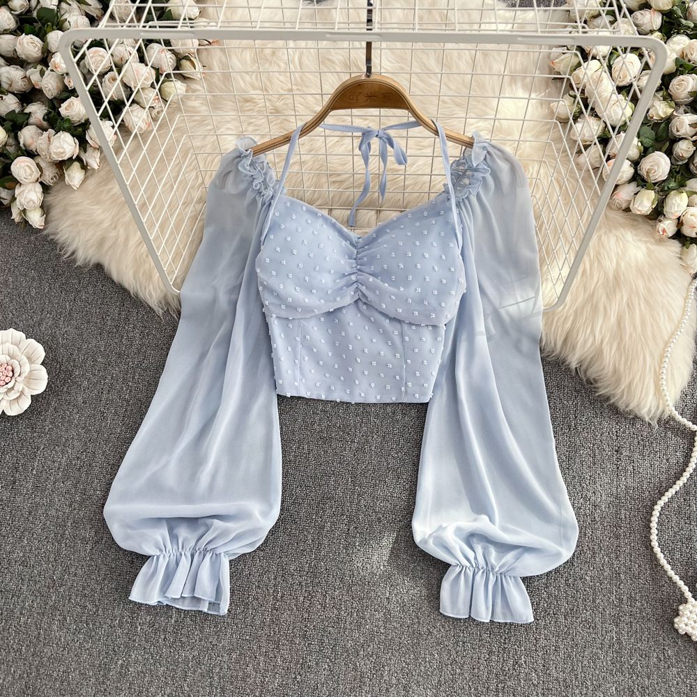 Chic Slim Fit Square Neck Chiffon Blouse Autumn French Retro Style Puff Sleeves Short Women's Top_ecoleips.com