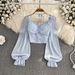 Chic Slim Fit Square Neck Chiffon Blouse Autumn French Retro Style Puff Sleeves Short Women's Top_ecoleips.com