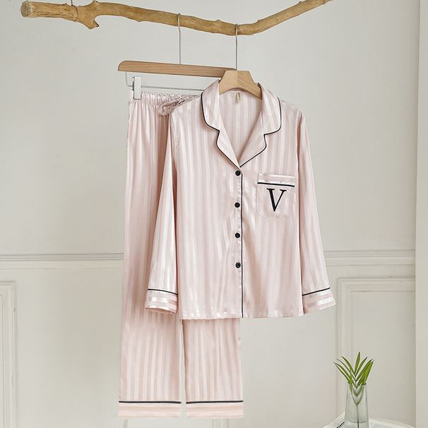 Women's Summer V-Neck Ice Silk Pajama Set – Long Sleeve & Pants, Soft & Breathable Loungewear (M-XL)_ecoleips.com