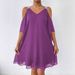 Summer Women's Off-Shoulder Chiffon Dress Solid Color V-Neck Elegant European American Style Stock Photo_ecoleips.com