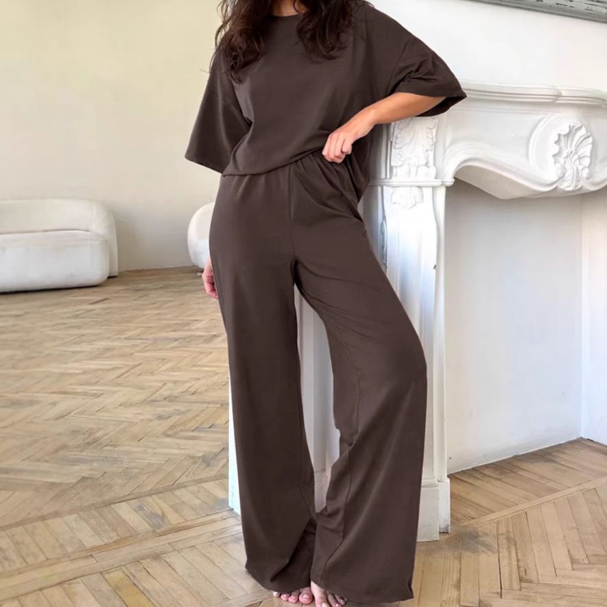European And American Summer New Knitted Short Sleeve Long Pants Comfortable Pajama Set Cross-Border Wholesale Soft_ecoleips.com