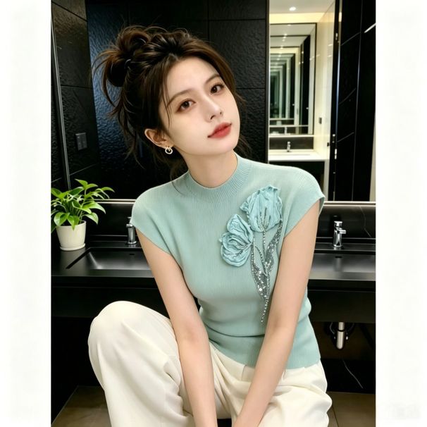 Three-dimensional Floral Knit For Women, 2026 Summer New Style, Casual Versatile Fresh Green Slim-fit Short-sleeve Top_ecoleips.com