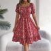 Women's Clothing Spring And Summer Floral Square Neck Short Sleeve Waist Ruffled A Line Skirt_ecoleips.com
