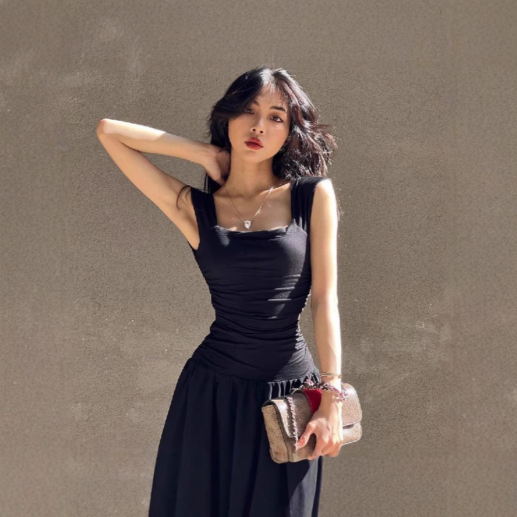 European American Style 2024 Women's Autumn And Winter New Fashion Square-neck Ruched Large Hem Waist-slimming Mesh_ecoleips.com